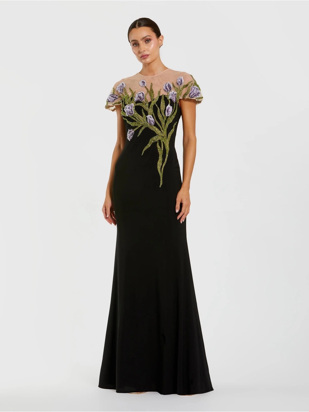Mac Duggal 11912 Black High Neck Floral Embroidered Jersey Gown Size 16 NWT